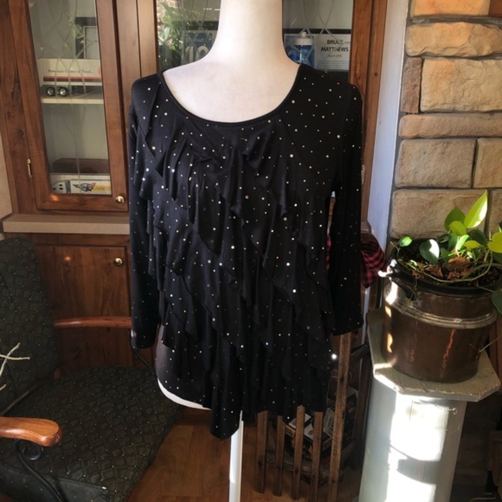 Salon Studio tiered black sparkly 3/4 sleeve top size small